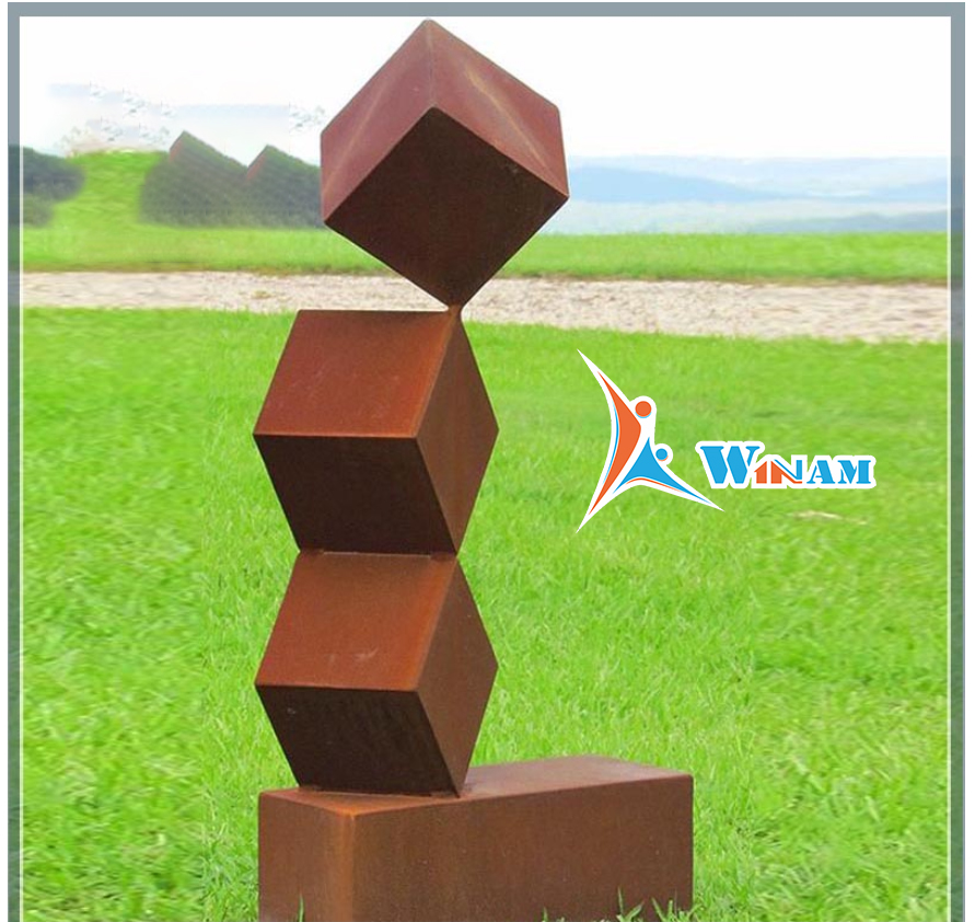Rusty cube modern garden corten steel art metal sculpture