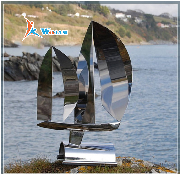 Outdoor Landscape Polished Stainless Steel Sailing Boat Sculpture for seaside decor