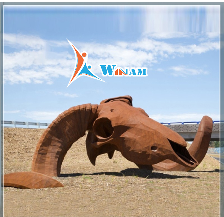Contemporary large public art corten steel bull head sculpture