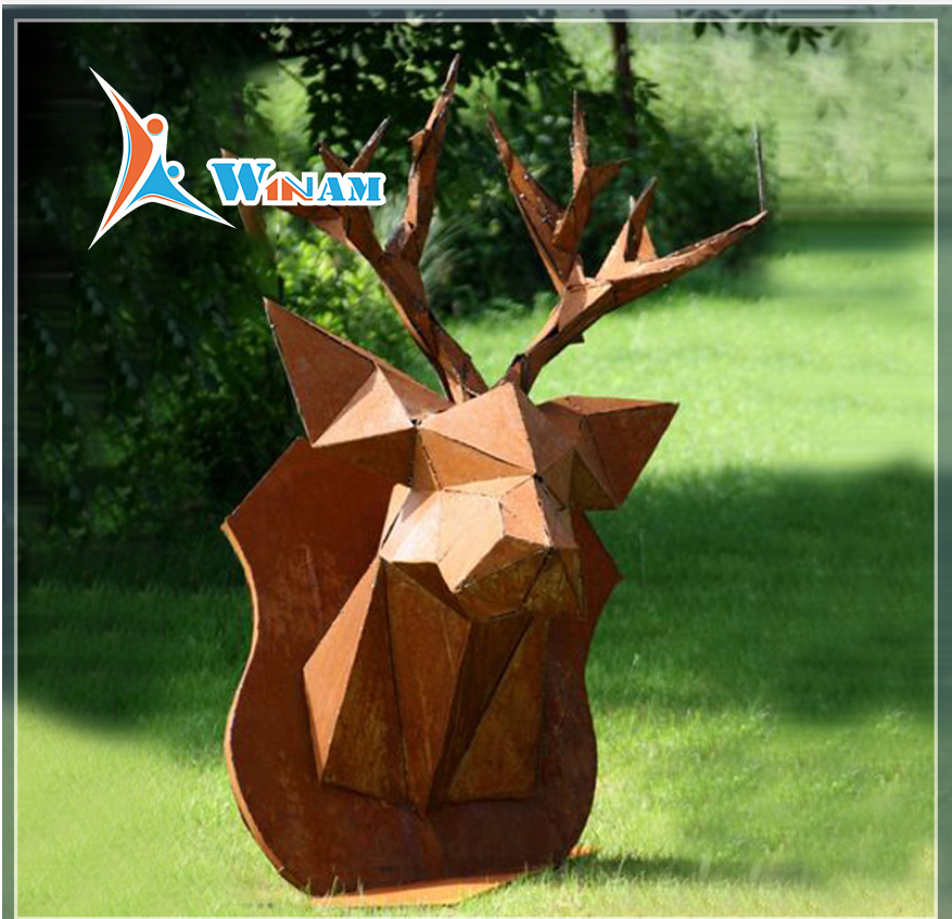 Abstract corten steel deer head statue