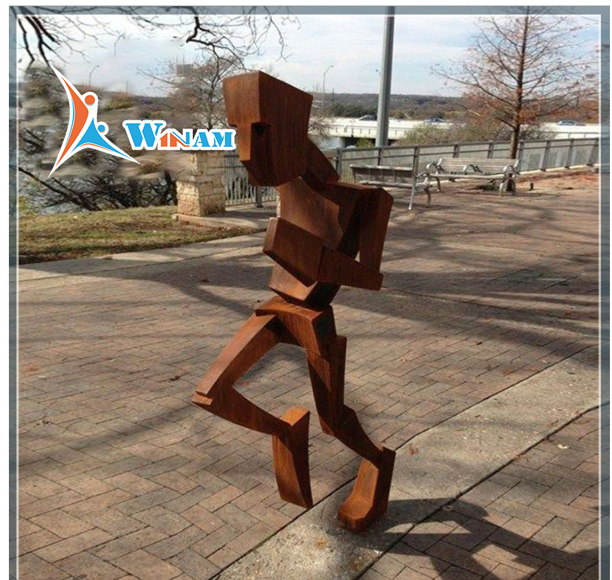 Corten steel running man abstract athlete sculpture