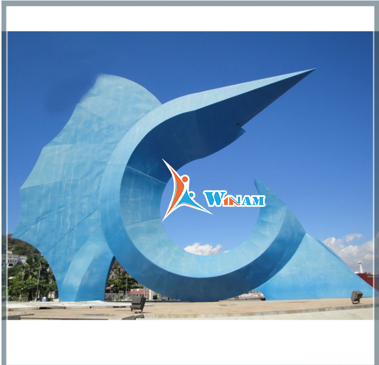 Plaza landscape blue color painted large stainless steel fish sculpture