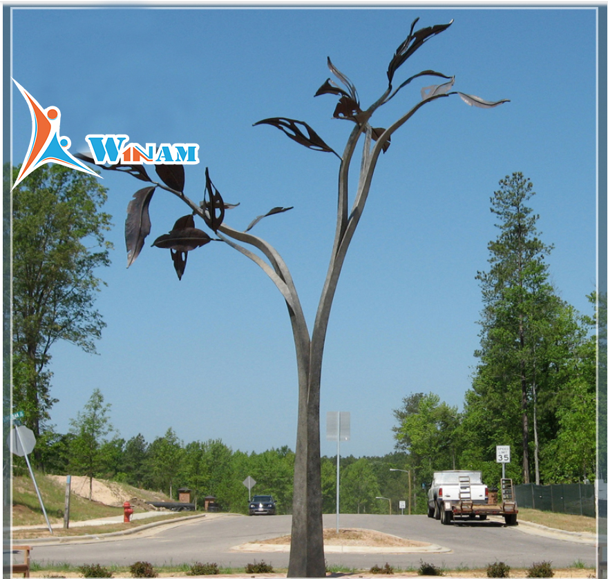 Welded abstract steel and copper tree sculpture