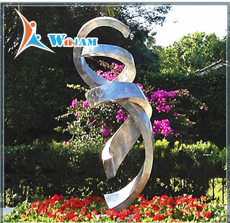 Abstract brushed stainless steel sculpture for outdoor decor