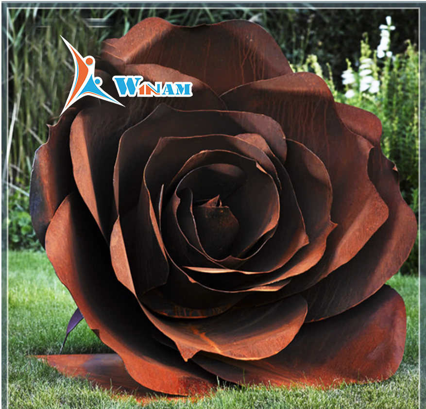 Outdoor metal abstract rose flower sculpture