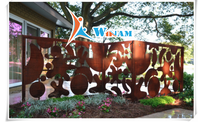 Decorative vintage india garden corten steel carved screen sculpture