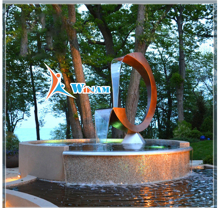 Large corten steel metal water fountain for outdoor decoration