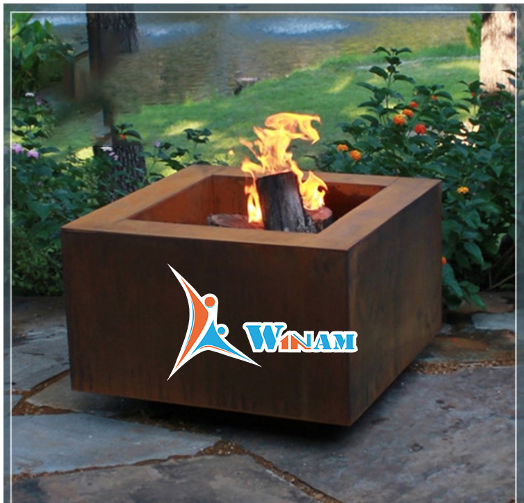 Vintage Outdoor Used Rectangular Corten Steel Fire Pit