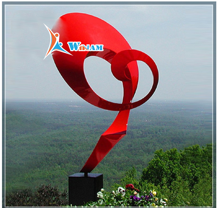 Modern large outdoor red painted stainless steel sculpture ribbon statue
