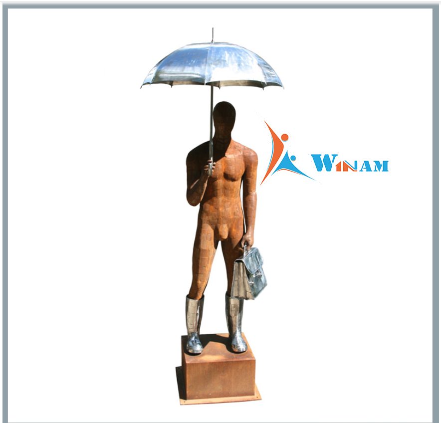 Modern outdoor garden stainless and corten steel man sculptur