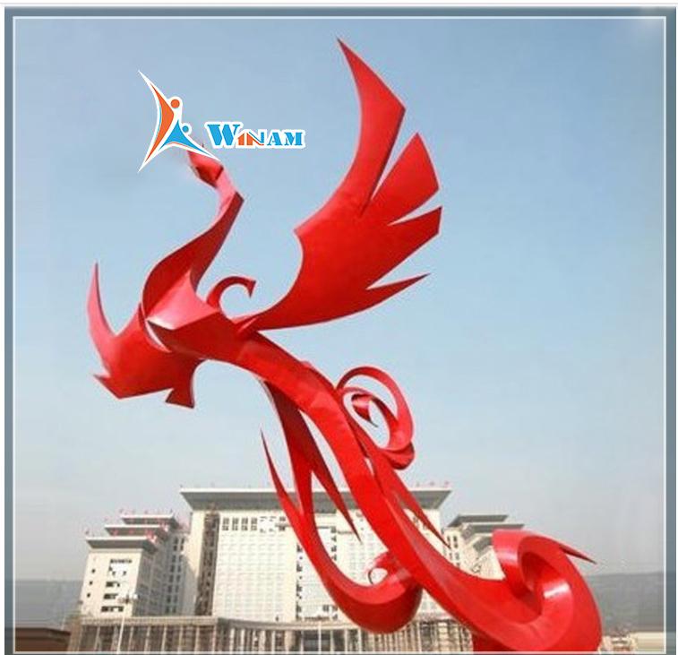 Outdoor large size red stainless steel Phoenix sculpture for public art