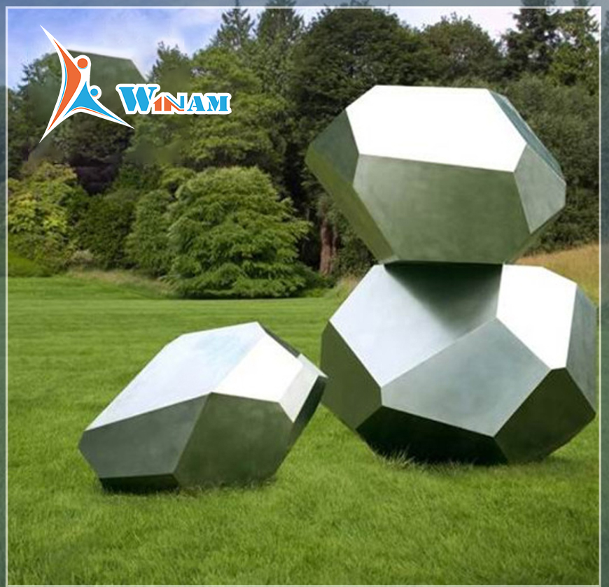 Contemporary Large Metal Garden Sculpture with stone shape 3 pieces a set