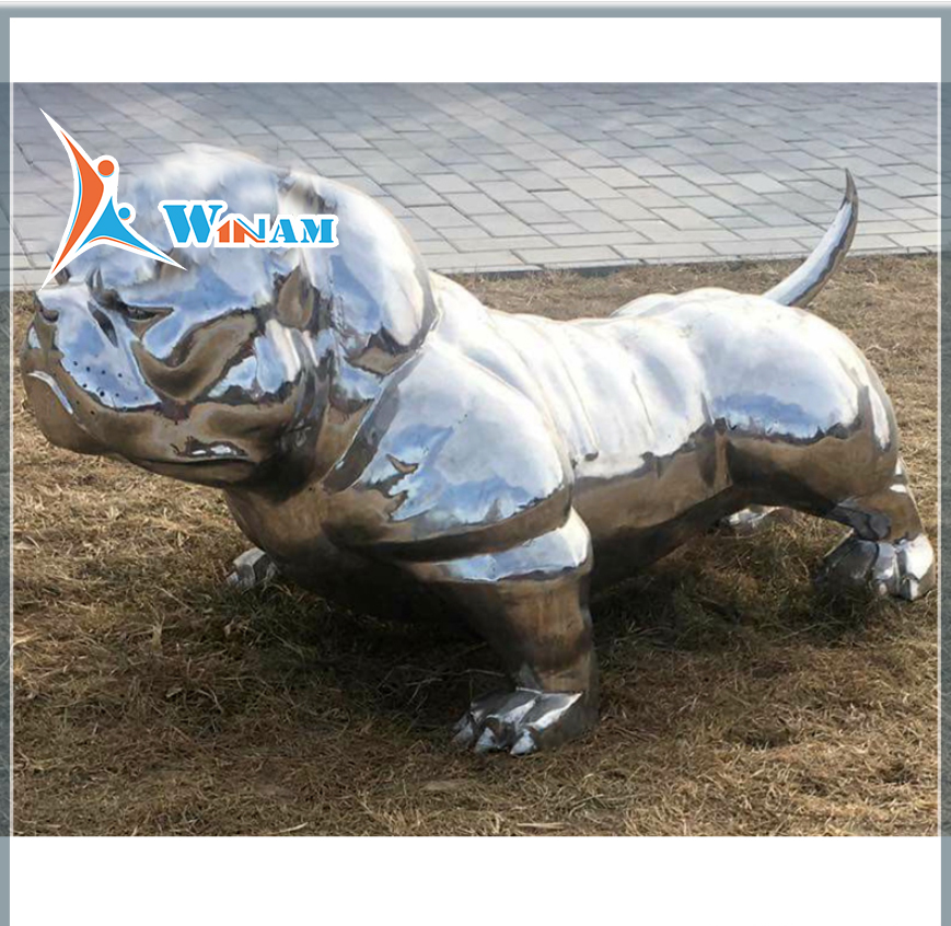 Life size high polished metal dog sculptures