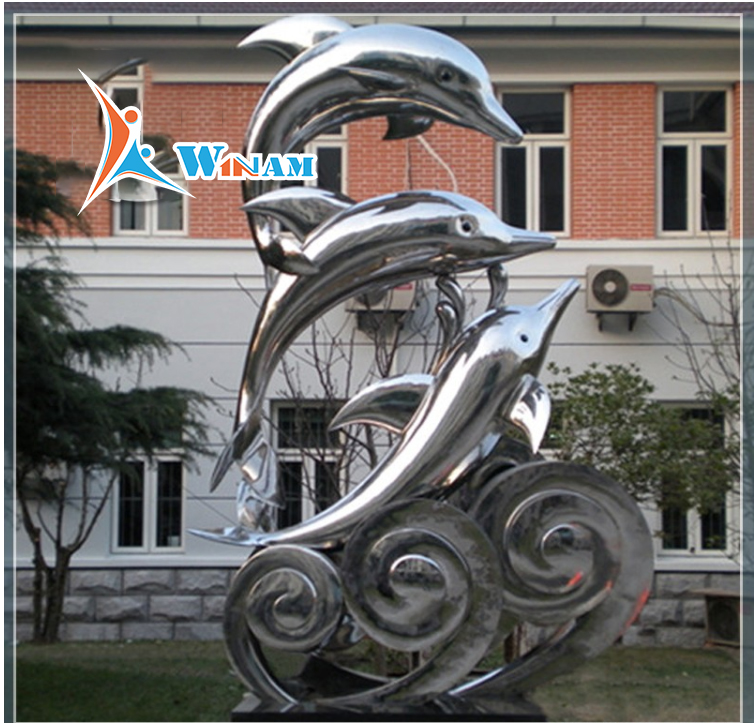 Modern life size stainless steel dolphin sculpture
