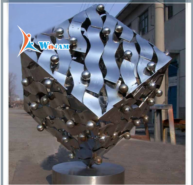 Plaza Abstract Art Magic Cube Polished Steel Sculpture with small ball