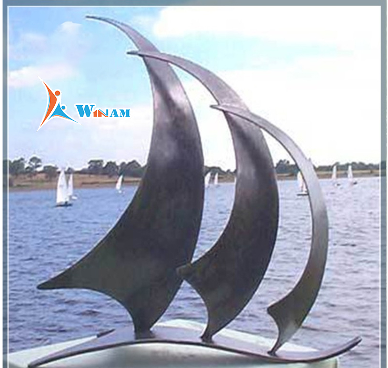 Popular new art stainless steel sailing boat sculpture for seaside decoration