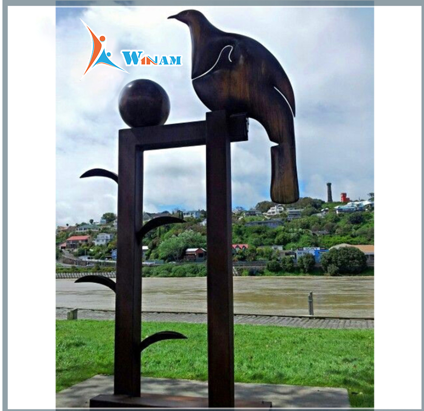 Modern famous metal art sculpture with bird stands