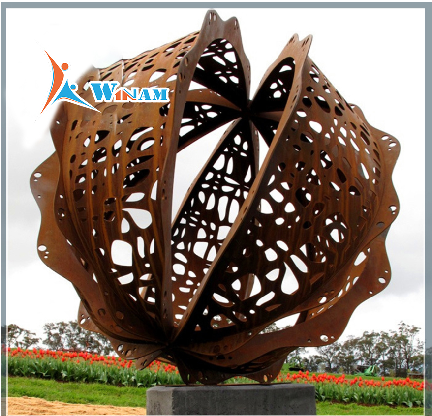 Large corten steel abstract sphere metal garden sculpture